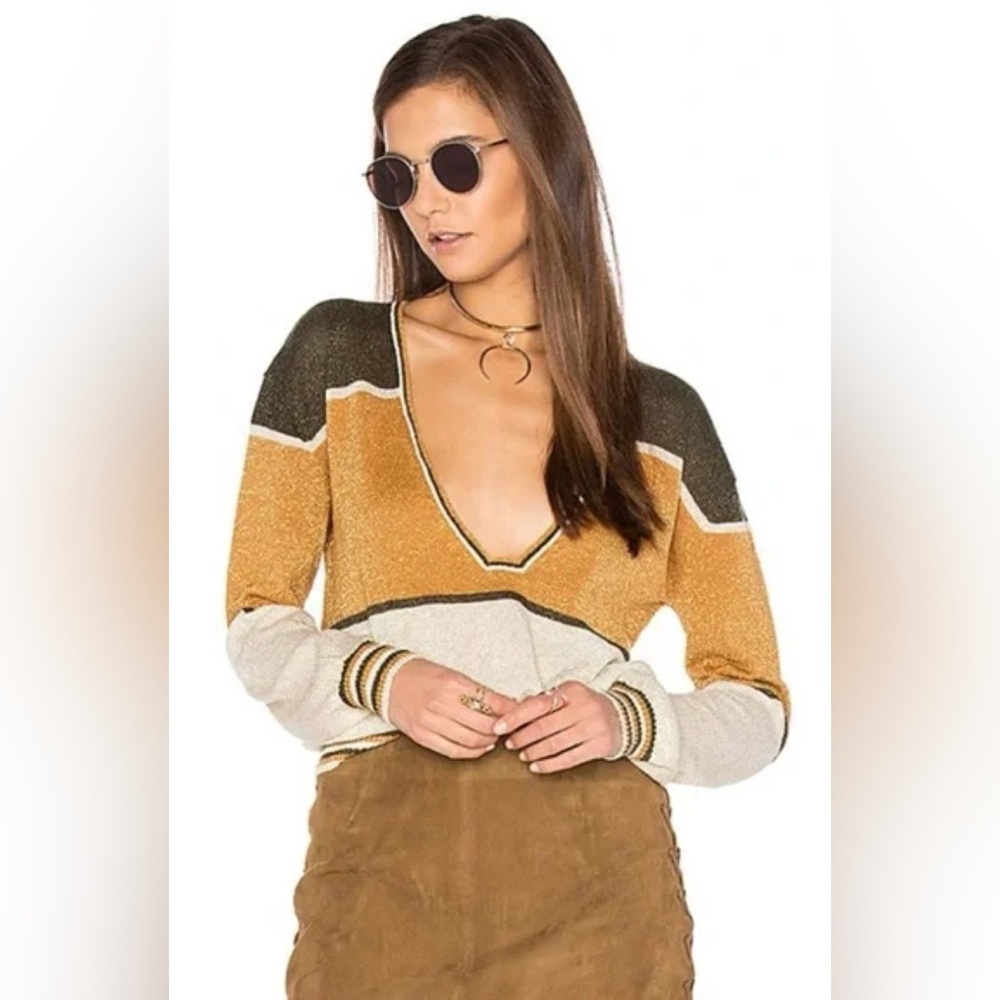 Free People - Deep V-Neck Colorblock Women's Sweater - Olive, Mustard & Cream